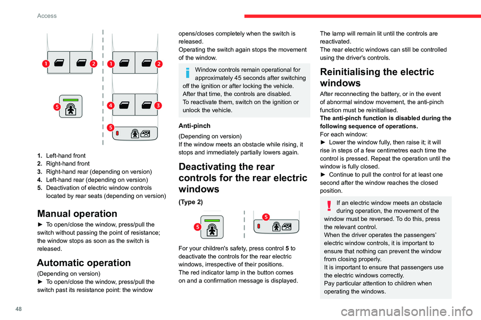 CITROEN BERLINGO VAN 2022  Owners Manual 48
Access
1.Left-hand front
2. Right-hand front
3. Right-hand rear (depending on version)
4. Left-hand rear (depending on version)
5. Deactivation of electric window controls 
located by rear seats (d