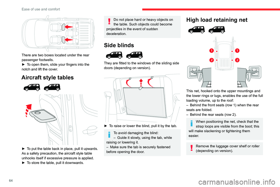 CITROEN BERLINGO VAN 2022  Owners Manual 64
Ease of use and comfort
 
There are two boxes located under the rear 
passenger footwells.
► 
T
 o open them, slide your fingers into the 
notch and lift the cover.
Aircraft style tables 
 
 
 
