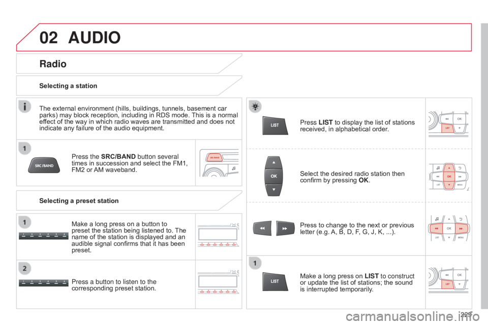 CITROEN C-ELYSÉE 2017 Owners Manual 02
229
C-elysee_en_Chap12b_RDE1_ed01-2016
AUDIO
Press the SRC/BAND button several
times in succession and select the FM1,
FM2
or
AM
waveband.
Press a button to listen CITROEN C-ELYSÉE 2017 Owners Manual 02
229
C-elysee_en_Chap12b_RDE1_ed01-2016
AUDIO
Press the SRC/BAND button several
times in succession and select the FM1,
FM2
or
AM
waveband.
Press a button to listen