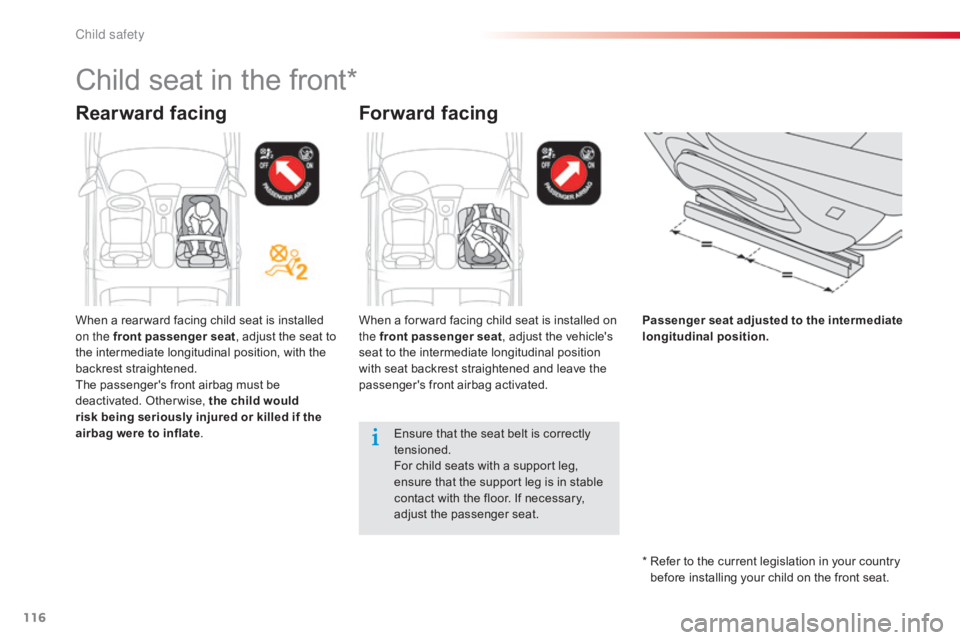CITROEN C-ELYSÉE 2016  Owners Manual 116
C-elysee_en_Chap08_securite-enfants_ed01-2016
Child seat in the front*
Rearward facingForward facing
Passenger seat adjusted to the intermediate 
longitudinal position.
Ensure
 
that
 
the
