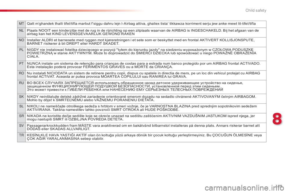 CITROEN C-ELYSÉE 2016  Owners Manual 119
MTQatt m’ghandek thalli tifel/tifla marbut f’siggu dahru lejn l-Airbag attiva, ghaliex tista’ tikkawza korriment serju jew anke mewt lit-tifel/tifla
NLPlaats NOOIT een k