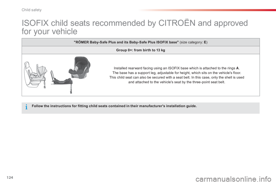 CITROEN C-ELYSÉE 2016  Owners Manual 124
C-elysee_en_Chap08_securite-enfants_ed01-2016
ISOFIX child seats recommended by CITROËN and approved 
f
or your vehicle
Follow the instructions for fitting child seats contained in their 