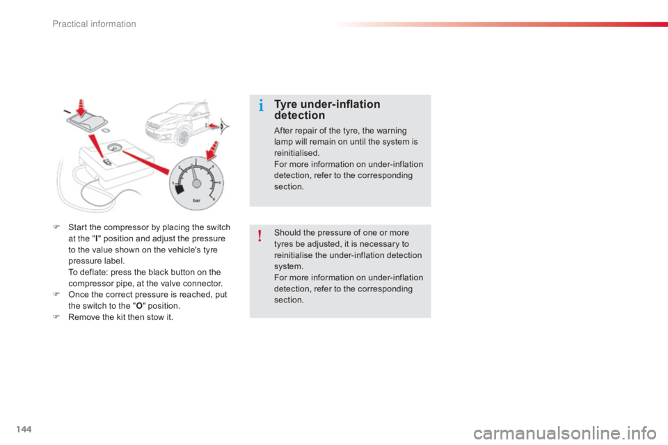 CITROEN C-ELYSÉE 2016  Owners Manual 144
C-elysee_en_Chap09_info-pratiques_ed01-2016
F Start  the   compressor   by   placing   the   switch  a
t the " I"
  position   and   adjust   the   pressure  
t

o   the   