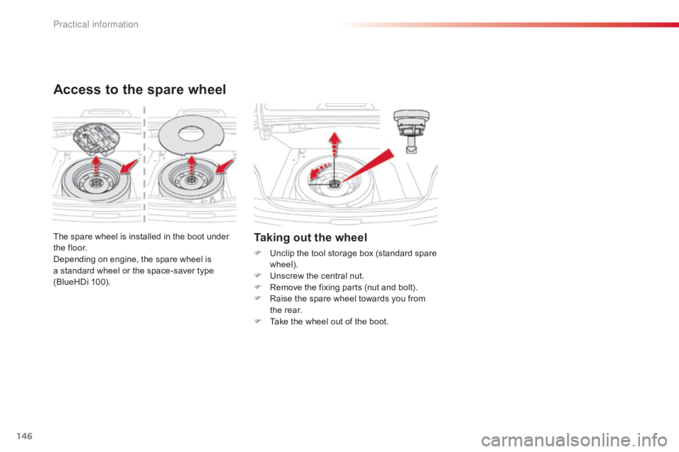 CITROEN C-ELYSÉE 2016  Owners Manual 146
C-elysee_en_Chap09_info-pratiques_ed01-2016
The spare wheel is installed in the boot under the   floor.
Depending
  on   engine,   the   spare   wheel   is  
a

  standard   whe