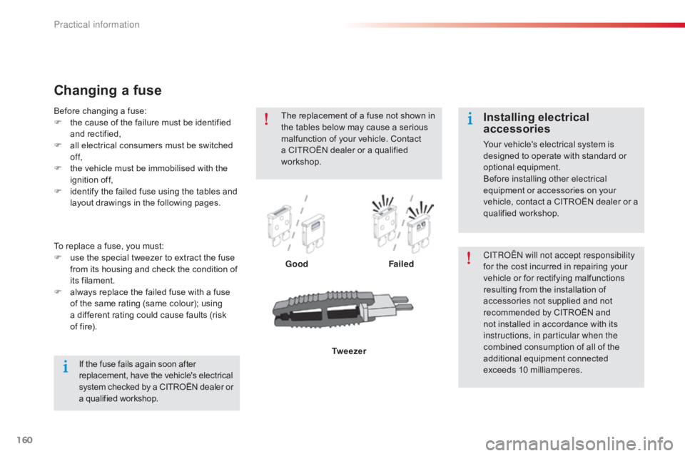 CITROEN C-ELYSÉE 2016  Owners Manual 160
C-elysee_en_Chap09_info-pratiques_ed01-2016
Changing a fuse
GoodFailedCITROËN will not accept responsibility 
for
  the   cost   incurred   in   repairing   your  
v

ehicle   or   for 