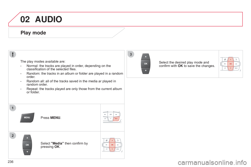 CITROEN C-ELYSÉE 2016  Owners Manual 02
236
C-elysee_en_Chap12b_RDE1_ed01-2016
AUDIO
Play mode
The play modes available are:
-  
Normal:
   the   tracks   are   played   in   order,   depending   on   the  
classification
