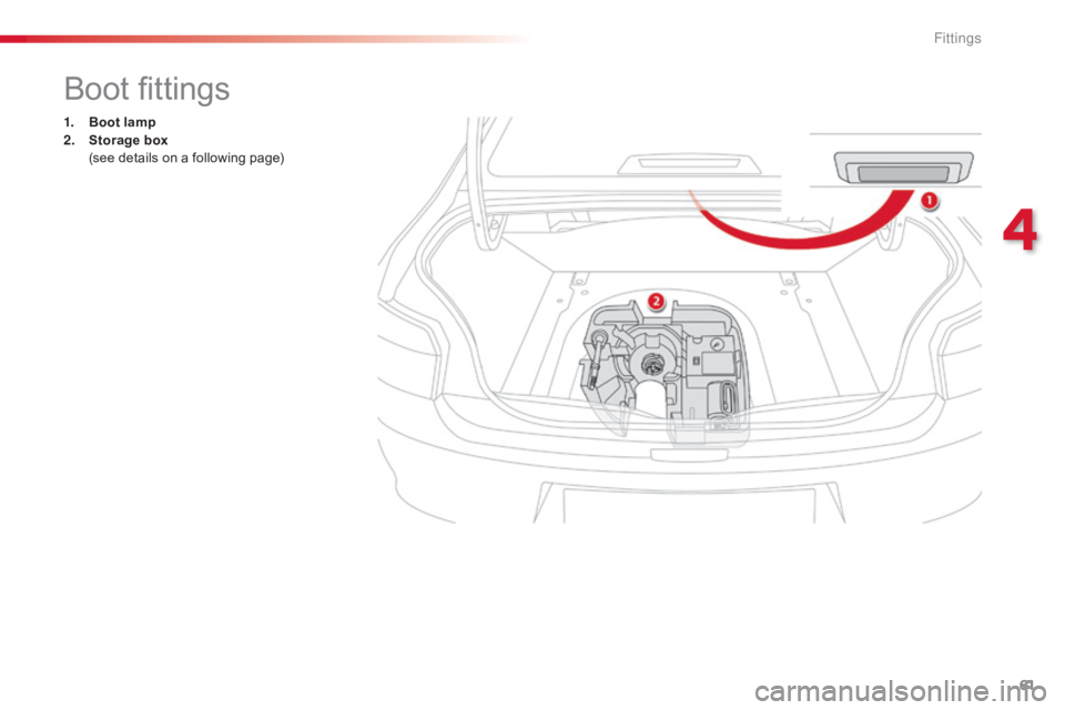 CITROEN C-ELYSÉE 2016  Owners Manual 61
C-elysee_en_Chap04_amenagements_ed01-2016
Boot fittings
1. Boot lamp
2. Storage box 
 (

see   details   on   a   following   page) 
4  
Fittings  