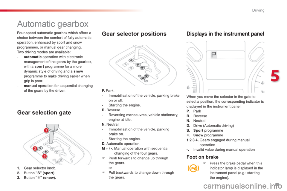 CITROEN C-ELYSÉE 2016  Owners Manual 73
C-elysee_en_Chap05_conduite_ed01-2016
Four-speed automatic gearbox which offers a choice   between   the   comfort   of   fully   automatic  
o

peration,   enhanced   by   sport  