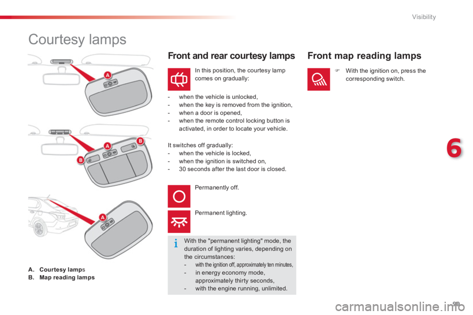 CITROEN C-ELYSÉE 2012  Owners Manual 99
6
Visibility
   
 
 
 
 
 
 
 
 
 
 
Courtesy lamps 
 In this position, the cour tesy lamp comes on gradually:
-   when the vehicle is unlocked, 
-   when the ke
y is removed from the ignition, 
- 
