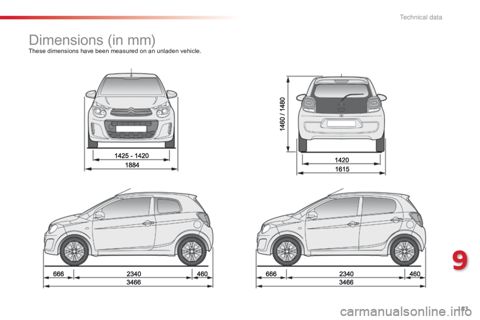CITROEN C1 2021  Owners Manual 183
C1_en_Chap09_caracteristiques-techniques_ed01-2016
Dimensions (in m m)These dimensions have been measured on an unladen vehicle.
9 
T  