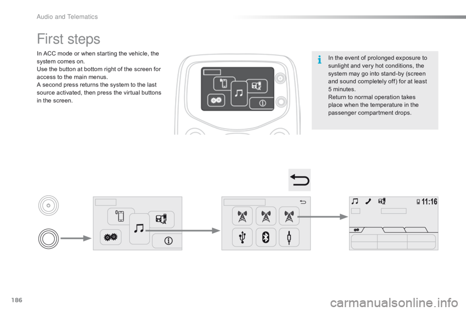 CITROEN C1 2018  Owners Manual 186
C1_en_Chap10a_ Autoradio-Toyota-tactile-1_ed01-2016
In the event of prolonged exposure to sunlight   and   very   hot   conditions,   the  
s

ystem   may   go   into   stand-by 