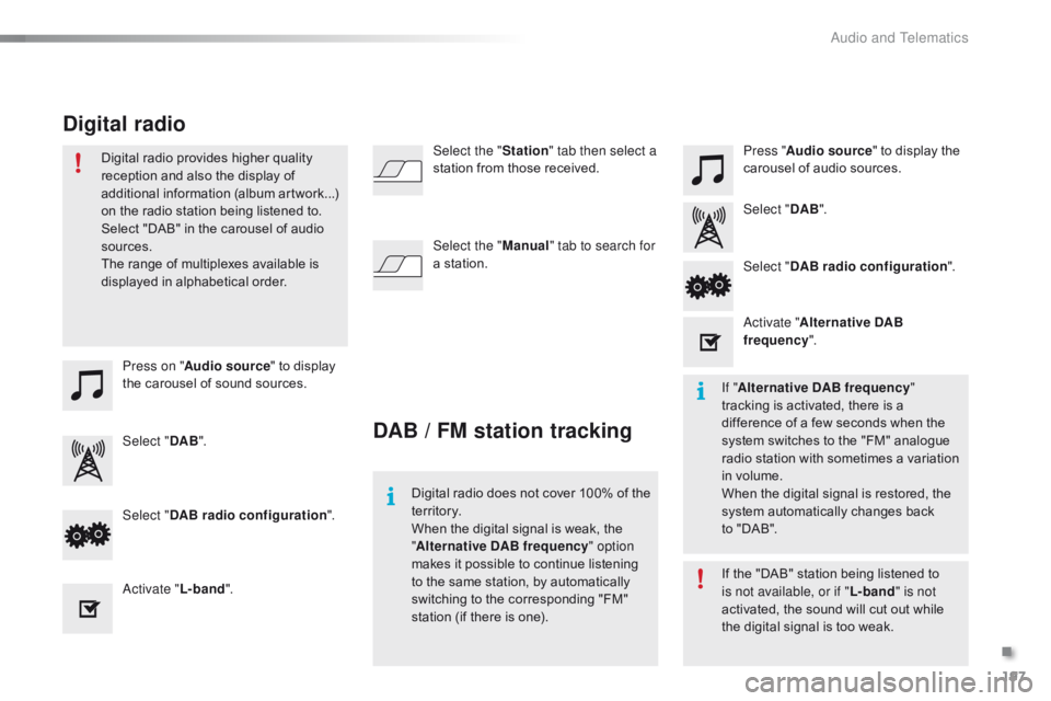 CITROEN C1 2018  Owners Manual 197
C1_en_Chap10a_ Autoradio-Toyota-tactile-1_ed01-2016
Press on "Audio source "   to   display  t
he   carousel   of   sound   sources. Press "
Audio source "   to   display 