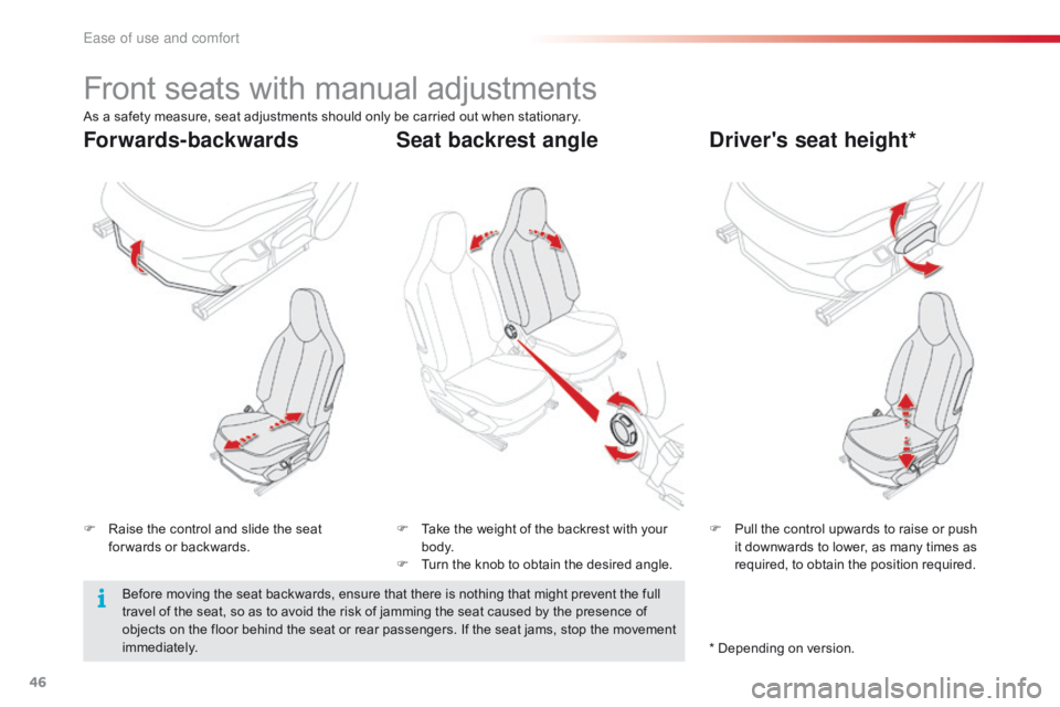 CITROEN C1 2018  Owners Manual 46
C1_en_Chap03_ergonomie-confort_ed01-2016
Front seats with manual adjustments
F Raise  the   control   and   slide   the   seat  f
or wards   or   backwards. F
 P ull   the   contro