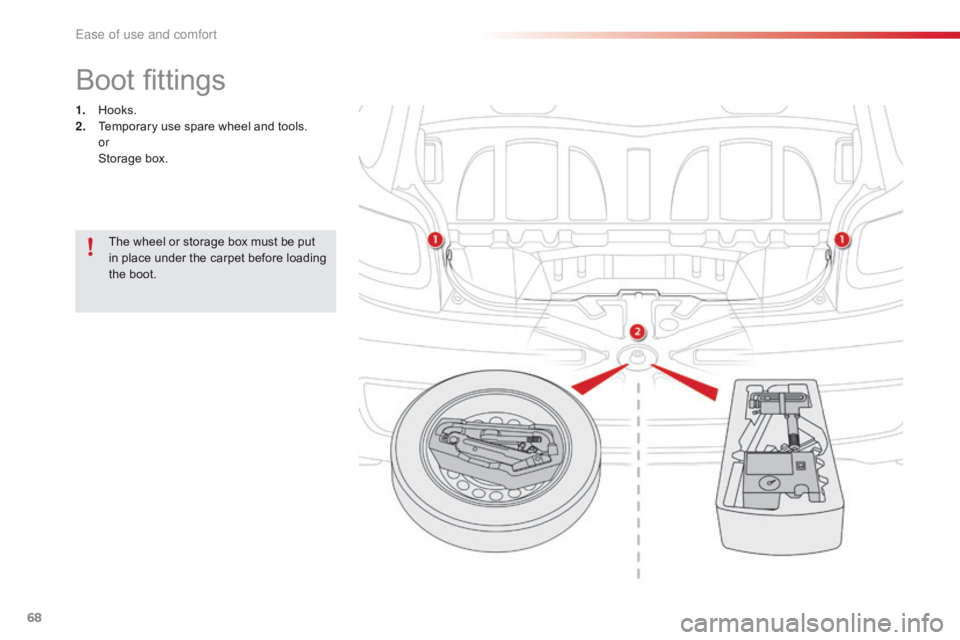 CITROEN C1 2018  Owners Manual 68
C1_en_Chap03_ergonomie-confort_ed01-2016
Boot fittings
1. Hooks.
2. Temporary   use   spare   wheel   and   tools.
 

or
 St

orage
 b
 ox.
The
  wheel   or   storage   box   must  