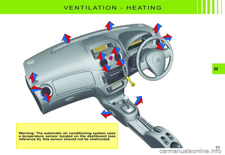 CITROEN C2 2007  Owners Manual A
III
73 
V E N T I L A T I O N   -   H E A T I N G
Warning: The automatic air conditioning system uses a  temperature  sensor  located  on  the  dashboard  (see reference A), this sensor should not b