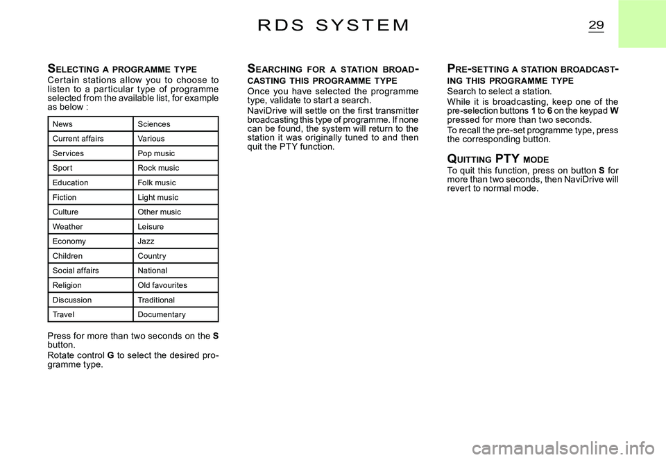 CITROEN C2 2003 Owners Manual 29R D S S Y S T E M
SELECTING A PROGRAMME TYPECer t ain st ations allow you to choose to listen to a par ticular t ype of programme selected from the available list, for example as be CITROEN C2 2003 Owners Manual 29R D S S Y S T E M
SELECTING A PROGRAMME TYPECer t ain st ations allow you to choose to listen to a par ticular t ype of programme selected from the available list, for example as be