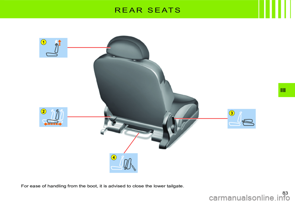CITROEN C2 2003  Owners Manual 1
23
4
III
83 
R E A R   S E A T S
For ease of handling from the boot, it is advised to close the lower tailgate.  