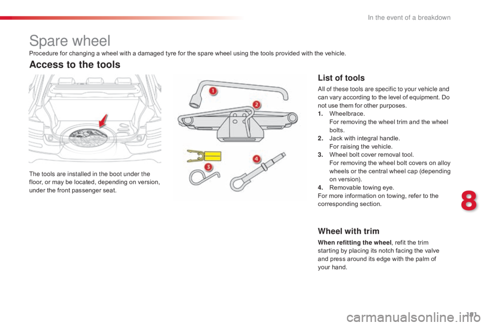 CITROEN C4 2019  Owners Manual 191
C4-cactus_en_Chap08_En-cas-de-panne_ed01-2016
Spare wheel
The tools are installed in the boot under the 
floor,  or   may   be   located,   depending   on   version,  
u

nder
 t
 he
 f
