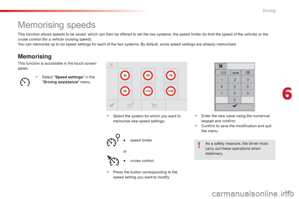 CITROEN C4 2018  Owners Manual 141
C4-cactus_en_Chap06_conduite_ed01-2016
Memorising speeds
Memorising
This function allows speeds to be saved, which can then be offered to set the two systems: the speed limiter