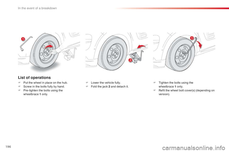 CITROEN C4 2018  Owners Manual 196
C4-cactus_en_Chap08_En-cas-de-panne_ed01-2016
List of operations
F Put  the   wheel   in   place   on   the   hub.
F  S crew   in   the   bolts   fully   by   hand.
F
 
P
 re-tight