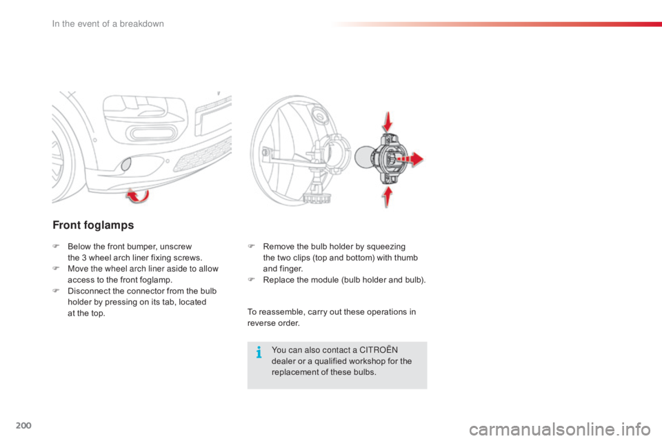 CITROEN C4 2018  Owners Manual 200
C4-cactus_en_Chap08_En-cas-de-panne_ed01-2016
Front foglamps
You can also contact a CITROËN 
dealer  or   a   qualified   workshop   for   the  
r

eplacement   of   these   bulbs.
F
 