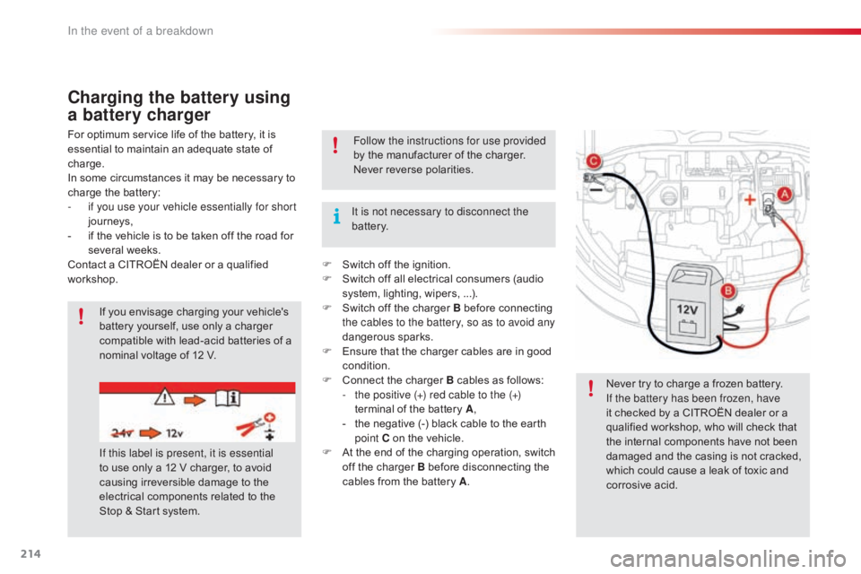 CITROEN C4 2018  Owners Manual 214
C4-cactus_en_Chap08_En-cas-de-panne_ed01-2016
Charging the battery using 
a battery charger
For optimum service life of the battery, it is essential   to   maintain   an   adequate  