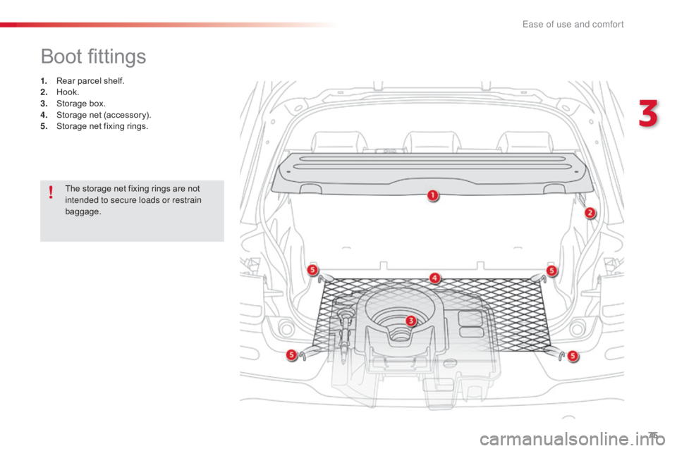 CITROEN C4 2018  Owners Manual 75
C4-cactus_en_Chap03_Ergonomie-et-confort_ed01-2016
Boot fittings
1. Rear  parcel   shelf.
2. H ook.
3.
 St

orage
 b
 ox.
4.
 S

torage   net   (accessory).
5.
 S

torage   net   fixin