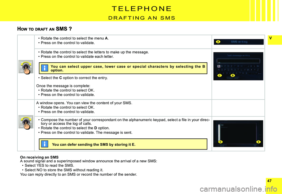 CITROEN C4 2006  Owners Manual 4747
VA
CB
DE
On	receiving	an	SMSA sound signal and a superimposed window announce the arrival of a new SmS:Select YES to read the SmS.Select NO to store the SmS without reading it.You can reply direc