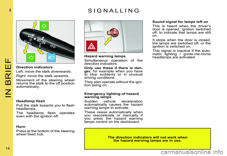 CITROEN C4 2004  Owners Manual �I�N� �B�R�I�E�F
�I
�1�4� �S �I �G �N �A �L �L �I �N �G
�D�i�r�e�c�t�i�o�n� �i�n�d�i�c�a�t�o�r�s 
�L�e�f�t�:� �m�o�v�e� �t�h�e� �s�t�a�l�k� �d�o�w�n�w�a�r�d�s�.
�R�i�g�h�t�:� �m�o�v�e� �t�h�e� �s�t�a�