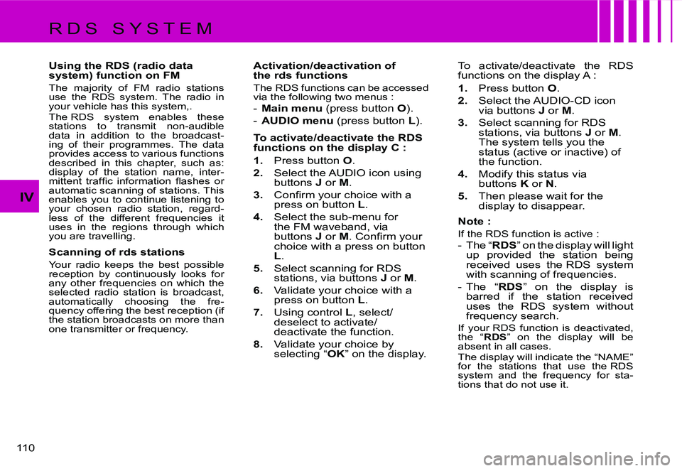 CITROEN C4 2004  Owners Manual �1�1�0� 
�I�V
�R �D �S �  �S �Y �S �T �E �M 
�U�s�i�n�g� �t�h�e� �R�D�S� �(�r�a�d�i�o� �d�a�t�a�  
�s�y�s�t�e�m�)� �f�u�n�c�t�i�o�n� �o�n� �F�M
�T�h�e�  �m�a�j�o�r�i�t�y�  �o�f�  �F�M�  �r�a�d�i�o�  �