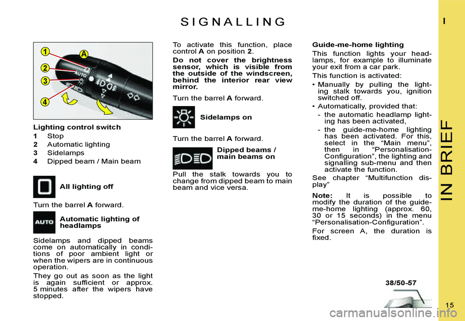 CITROEN C4 2004  Owners Manual �4�3
�A
�2 �1
�I�N� �B�R�I�E�F
�I
�1�5� 
�S �I �G �N �A �L �L �I �N �G
�A�l�l� �l�i�g�h�t�i�n�g� �o�f�f
�L�i�g�h�t�i�n�g� �c�o�n�t�r�o�l� �s�w�i�t�c�h 
�1
�  �S�t�o�p
�2 �  �A�u�t�o�m�a�t�i�c� �l�i�g�