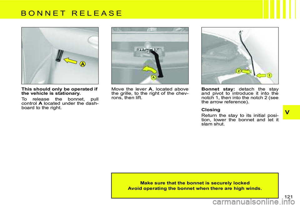 CITROEN C4 2004  Owners Manual �A
�V
�1�2�1� 
�T�h�i�s� �s�h�o�u�l�d� �o�n�l�y� �b�e� �o�p�e�r�a�t�e�d� �i�f�  
�t�h�e� �v�e�h�i�c�l�e� �i�s� �s�t�a�t�i�o�n�a�r�y�. 
�T�o�  �r�e�l�e�a�s�e�  �t�h�e�  �b�o�n�n�e�t�,�  �p�u�l�l� �  
�