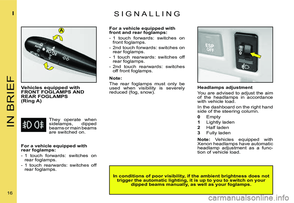 CITROEN C4 2004  Owners Manual �A
�I�N� �B�R�I�E�F
�I
�1�6� �S �I �G �N �A �L �L �I �N �G
�V�e�h�i�c�l�e�s� �e�q�u�i�p�p�e�d� �w�i�t�h�  
�F�R�O�N�T� �F�O�G�L�A�M�P�S� �A�N�D� 
�R�E�A�R� �F�O�G�L�A�M�P�S� � 
�(�R�i�n�g� �A�)
�I�n� 