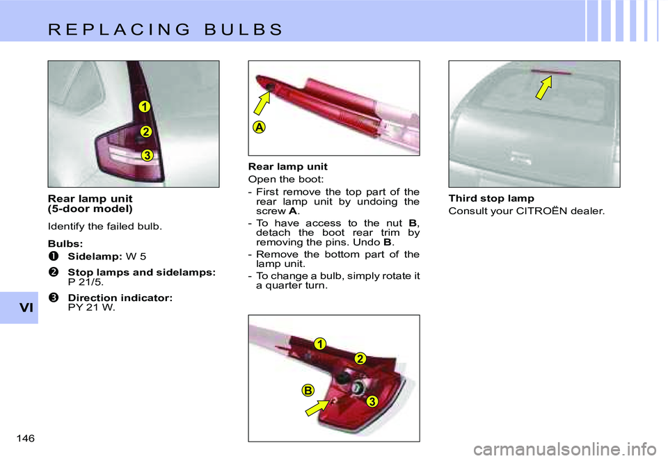 CITROEN C4 2004  Owners Manual �3
�2
�1
�1
�2
�3�B
�A
�V�I
�1�4�6� �R�e�a�r� �l�a�m�p� �u�n�i�t�  
�(�5�-�d�o�o�r� �m�o�d�e�l�) 
�I�d�e�n�t�i�f�y� �t�h�e� �f�a�i�l�e�d� �b�u�l�b�.
�B�u�l�b�s�:
��  �S�i�d�e�l�a�m�p�:
� �W� �5
�