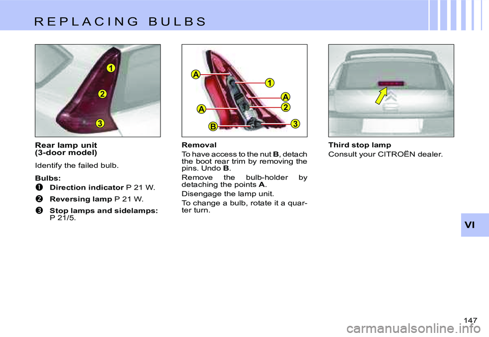 CITROEN C4 2004  Owners Manual �3
�2
�1�A
�A
�B�3
�2
�A
�1
�V�I
�1�4�7� 
�R�e�a�r� �l�a�m�p� �u�n�i�t�  
�(�3�-�d�o�o�r� �m�o�d�e�l�) 
�I�d�e�n�t�i�f�y� �t�h�e� �f�a�i�l�e�d� �b�u�l�b�.
�B�u�l�b�s�:
��  �D�i�r�e�c�t�i�o�n� �i�n�