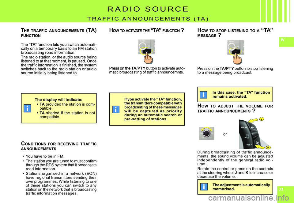 CITROEN C4 2004  Owners Manual 333333
IV
J
�K
TA/PTY button to activate auto-PTY�m�a�t�i�c� �b�r�o�a�d�c�a�s�t�i�n�g� �o�f� �t�r�a�f�ﬁ� �c� �a�n�n�o�u�n�c�e�m�n�t�s�.
�D�u�r�i�n�g�  �b�r�o�a�d�c�a�s�t�i�n�g�  �o�f�  �t�r�a�f �ﬁ