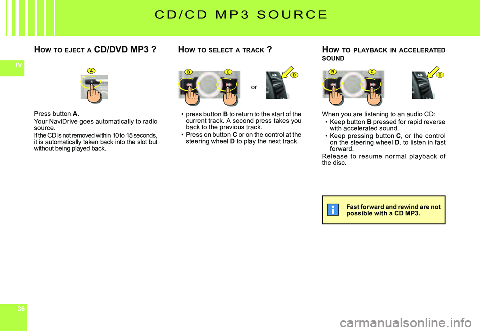 CITROEN C4 2004  Owners Manual 363636
IVADBCBCD
press button B to return to the start of the current track. A second press takes you back to the previous track.Press on button C or on the control at the steering wheel D to play the
