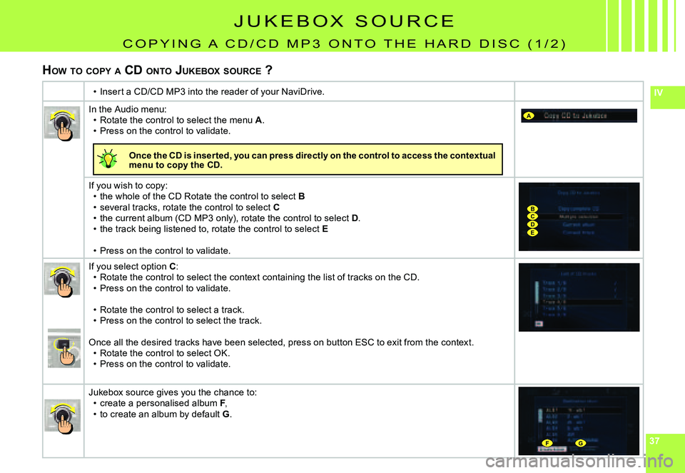 CITROEN C4 2004  Owners Manual 373737
IV
A
BCDE
FG
J u K E B O X   S O u R C E
C O P Y I N G   A   C D / C D   m P 3   O N T O   T H E   H A R D   D I S C   ( 1 / 2 )
HOW 	TO 	COPY 	A 	CD	 ONTO 	JUKEBOX 	SOURCE 	?
Insert a CD/CD mP