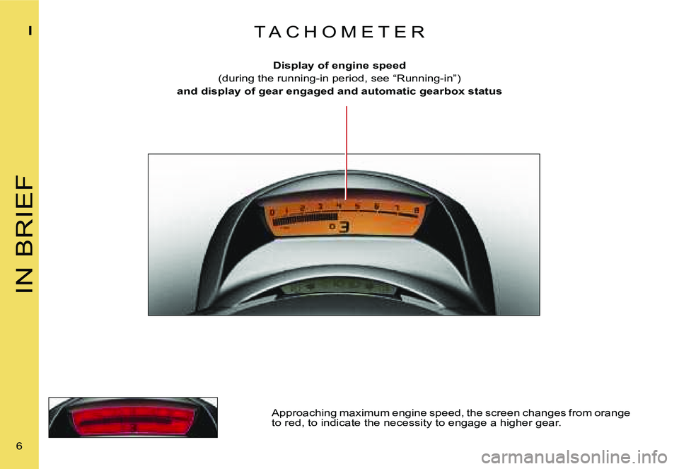 CITROEN C4 2004  Owners Manual �I�N� �B�R�I�E�F
�I
�6� �D�i�s�p�l�a�y� �o�f� �e�n�g�i�n�e� �s�p�e�e�d
�(�d�u�r�i�n�g� �t�h�e� �r�u�n�n�i�n�g�-�i�n� �p�e�r�i�o�d�,� �s�e�e� �“�R�u�n�n�i�n�g�-�i�n�”�)
�a�n�d� �d�i�s�p�l�a�y� �o�f