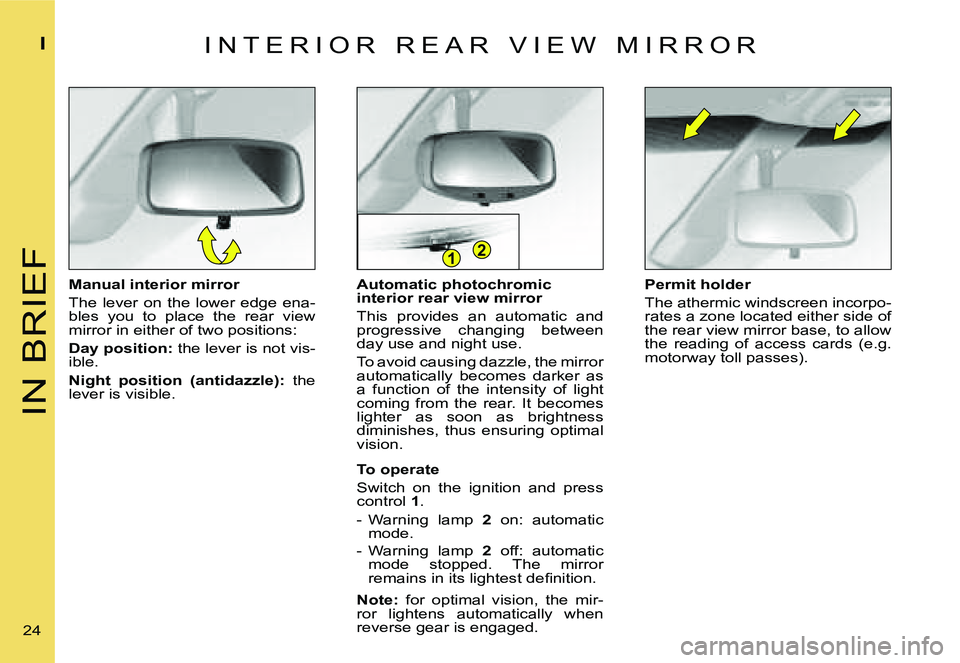 CITROEN C4 2004  Owners Manual �2�1
�I�N� �B�R�I�E�F
�I
�2�4� �A�u�t�o�m�a�t�i�c� �p�h�o�t�o�c�h�r�o�m�i�c�  
�i�n�t�e�r�i�o�r� �r�e�a�r� �v�i�e�w� �m�i�r�r�o�r 
�T�h�i�s�  �p�r�o�v�i�d�e�s�  �a�n�  �a�u�t�o�m�a�t�i�c�  �a�n�d�  
�