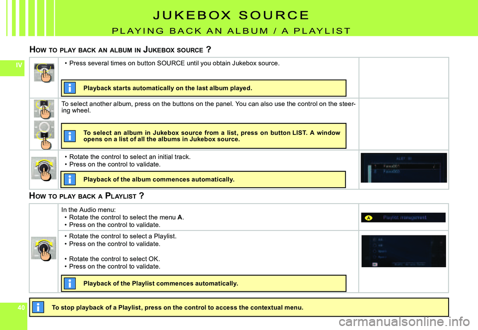 CITROEN C4 2004  Owners Manual 404040
IV
A
P L A Y I N G   B A C K   A N   A L B u m   /   A   P L A Y L I S T
HOW 	TO 	PLAY 	BACK 	AN 	ALBUM 	IN 	J UKEBOX 	SOURCE 	?
�T�o� �s�t�o�p� �p�l�a�y�b�a�c�k� �o�f� �a� �P�l�a�y�l�i�s�t�,� 