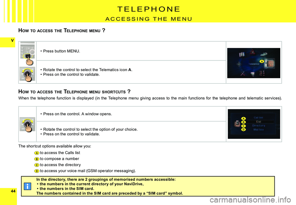 CITROEN C4 2004  Owners Manual 4444
V
A
B
C
D
A
BC
A
D
T E L E P H O N E
A C C E S S I N G   T H E   m E N u
HOW 	TO 	ACCESS 	THE 	TELEPHONE 	MENU 	?
HOW 	TO 	ACCESS 	THE 	TELEPHONE 	MENU 	SHORTCUTS 	?
The shortcut options availabl