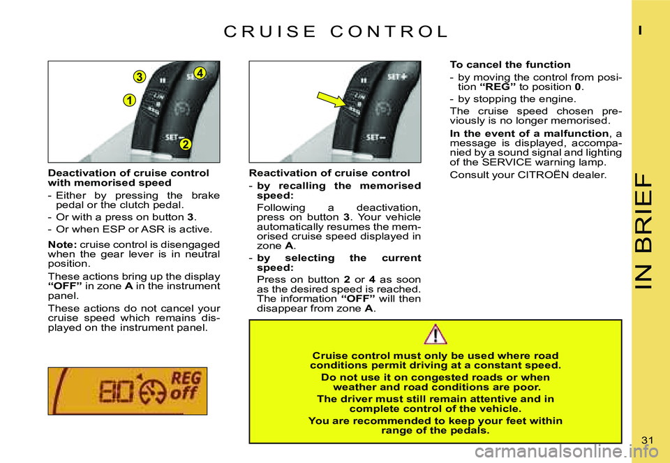 CITROEN C4 2004  Owners Manual �1
�3
�2
�4
�I�N� �B�R�I�E�F
�I
�3�1� 
�D�e�a�c�t�i�v�a�t�i�o�n� �o�f� �c�r�u�i�s�e� �c�o�n�t�r�o�l�  
�w�i�t�h� �m�e�m�o�r�i�s�e�d� �s�p�e�e�d 
�-�  �E�i�t�h�e�r�  �b�y�  �p�r�e�s�s�i�n�g�  �t�h�e�  