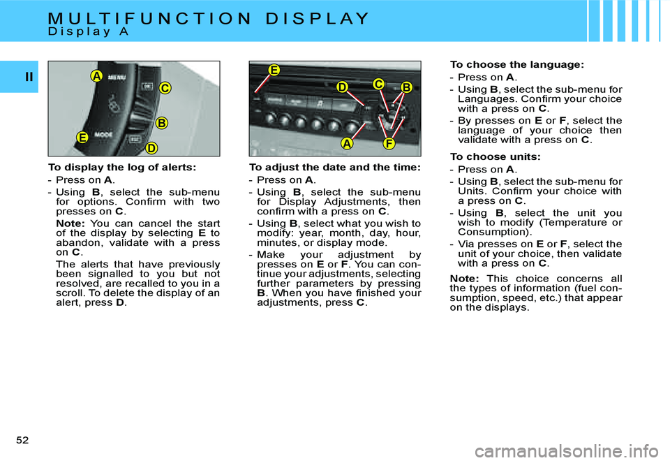 CITROEN C4 2004  Owners Manual �F
�B�C�D
�A
�E
�B
�D�E
�C
�A�I�I
�5�2� 
�T�o� �d�i�s�p�l�a�y� �t�h�e� �l�o�g� �o�f� �a�l�e�r�t�s�: 
�-�  �P�r�e�s�s� �o�n� �A�.
�-�  �U�s�i�n�g�  �B�,�  �s�e�l�e�c�t�  �t�h�e�  �s�u�b�-�m�e�n�u� 
�f�