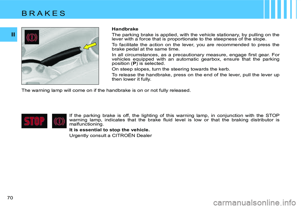 CITROEN C4 2004  Owners Manual �I�I
�7�0� �H�a�n�d�b�r�a�k�e 
�T�h�e� �p�a�r�k�i�n�g� �b�r�a�k�e� �i�s� �a�p�p�l�i�e�d�,� �w�i�t�h� �t�h�e� �v�e�h�i�c�l�e� �s�t�a�t�i�o�n�a�r�y�,� �b
�y� �p�u�l�l�i�n�g� �o�n� �t�h�e� 
�l�e�v�e�r� �
