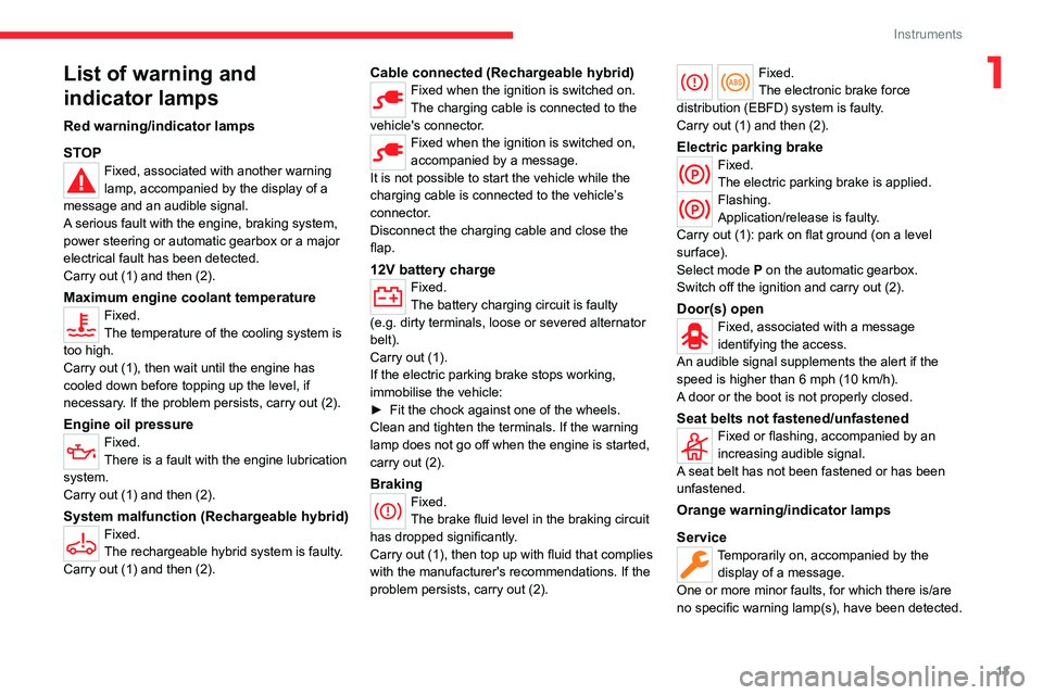 CITROEN C5 2021  Owners Manual 13
Instruments
1List of warning and 
indicator lamps
Red warning/indicator lamps
STOP
Fixed, associated with another warning 
lamp, accompanied by the display of a 
message and an audible signal.
A se