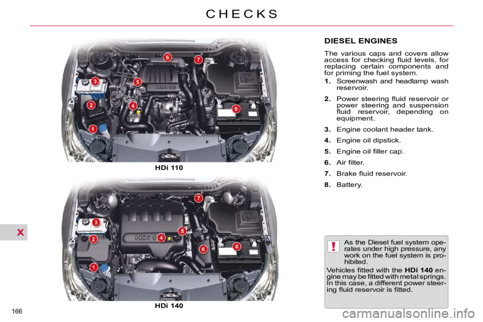 CITROEN C5 2009  Owners Manual X
!
166 
�C �H �E �C �K �S
DIESEL ENGINES 
� �T�h�e�  �v�a�r�i�o�u�s�  �c�a�p�s�  �a�n�d�  �c�o�v�e�r�s�  �a�l�l�o�w�  
�a�c�c�e�s�s�  �f�o�r�  �c�h�e�c�k�i�n�g�  �ﬂ� �u�i�d�  �l�e�v�e�l�s�,�  �f�o�