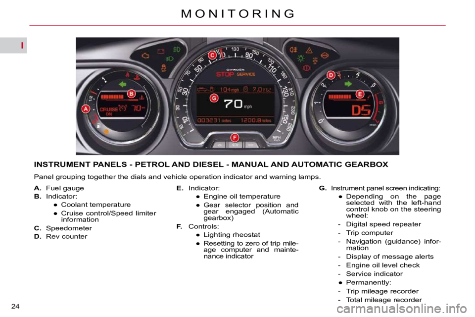 CITROEN C5 2009  Owners Manual I
�2�4�M �O �N �I �T �O �R �I �N �G
INSTRUMENT PANELS - PETROL AND DIESEL - MANUAL AND AUTOMATIC GEARB
OX 
� �P�a�n�e�l� �g�r�o�u�p�i�n�g� �t�o�g�e�t�h�e�r� �t�h�e� �d�i�a�l�s� �a�n�d� �v�e�h�i�c�l�e�