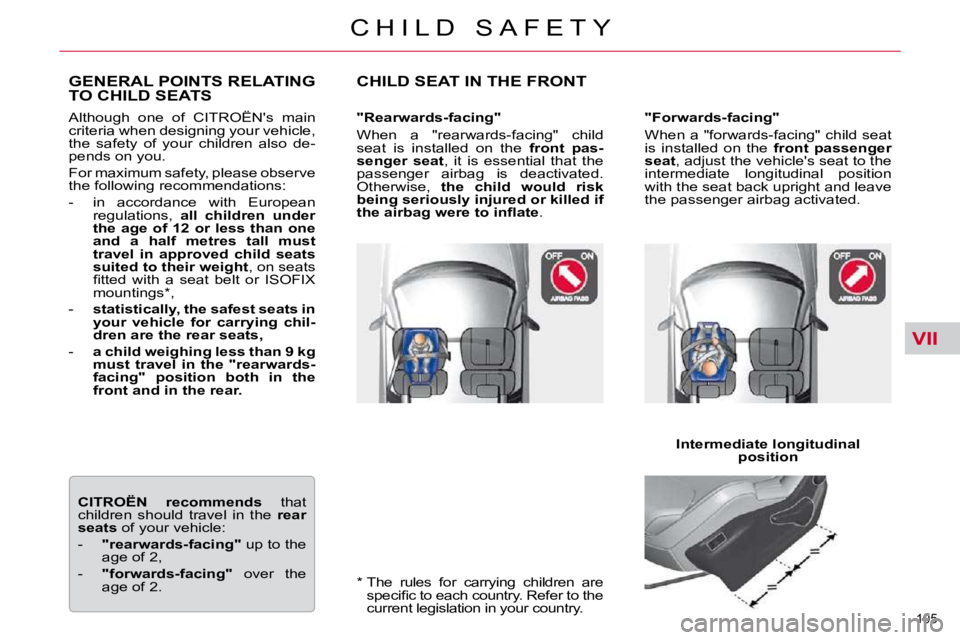 CITROEN C5 2007  Owners Manual VII
105 
�C �H �I �L �D �  �S �A �F �E �T �Y� � �*� � � � �T�h�e�  �r�u�l�e�s�  �f�o�r�  �c�a�r�r�y�i�n�g�  �c�h�i�l�d�r�e�n�  �a�r�e�  �s�p�e�c�i�ﬁ� �c� �t�o� �e�a�c�h� �c�o�u�n�t�r�y�.� �R�e�f�e�r