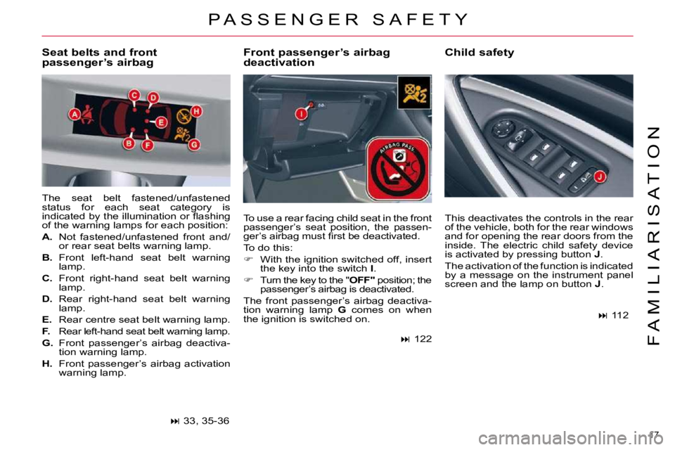 CITROEN C5 2007  Owners Manual 17 
�F �A �M �I �L �I �A �R �I �S �A �T �I �O �N
� �P �A �S �S �E �N �G �E �R �  �S �A �F �E �T �Y� 
  Front passenger’s airbag  
�d�e�a�c�t�i�v�a�t�i�o�n�   Child safety 
  Seat belts and front 
pa